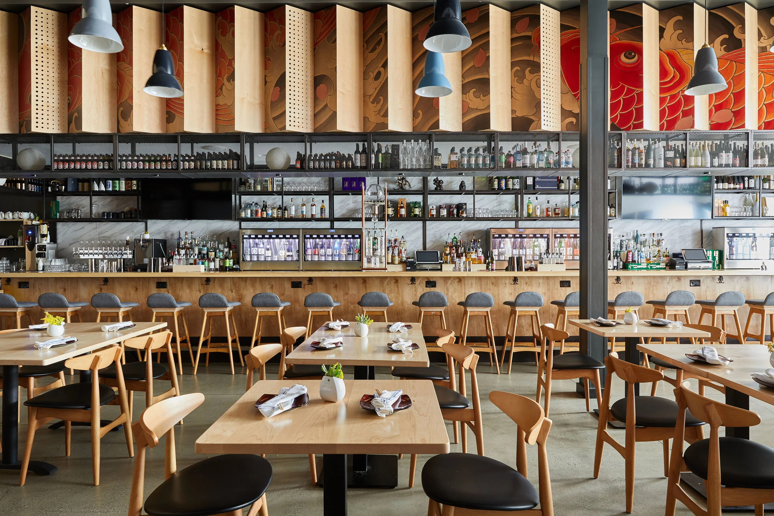 Architecture of Sake Dojo restaurant Little Tokyo, seating and bar