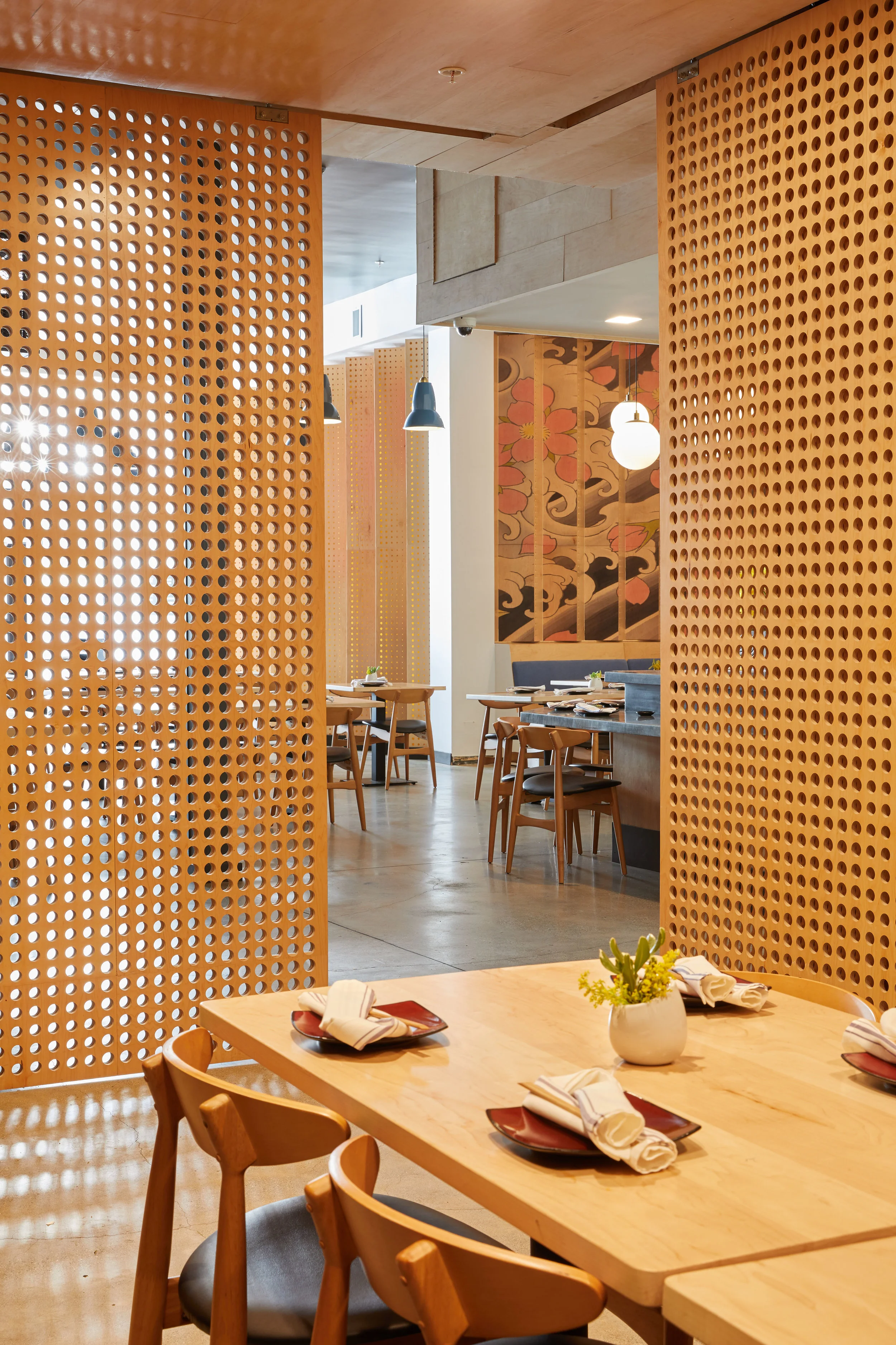Architecture of Sake Dojo restaurant Little Tokyo, perforated partition