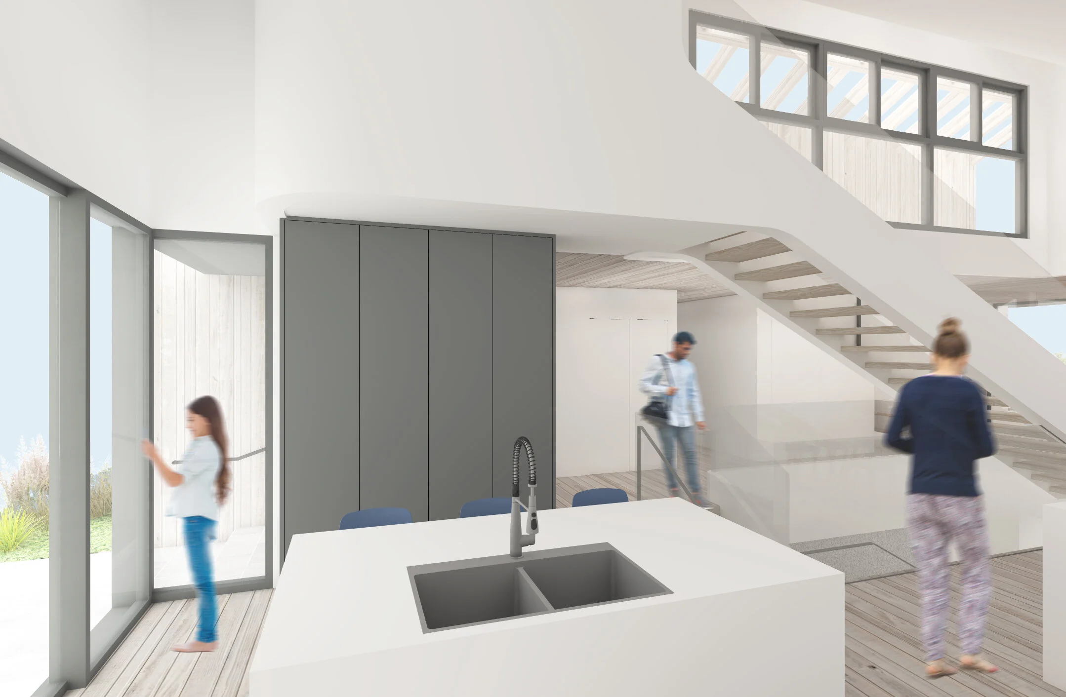 Architecture for addition to residence in Echo Park. Kitchen and staircase to second level.
