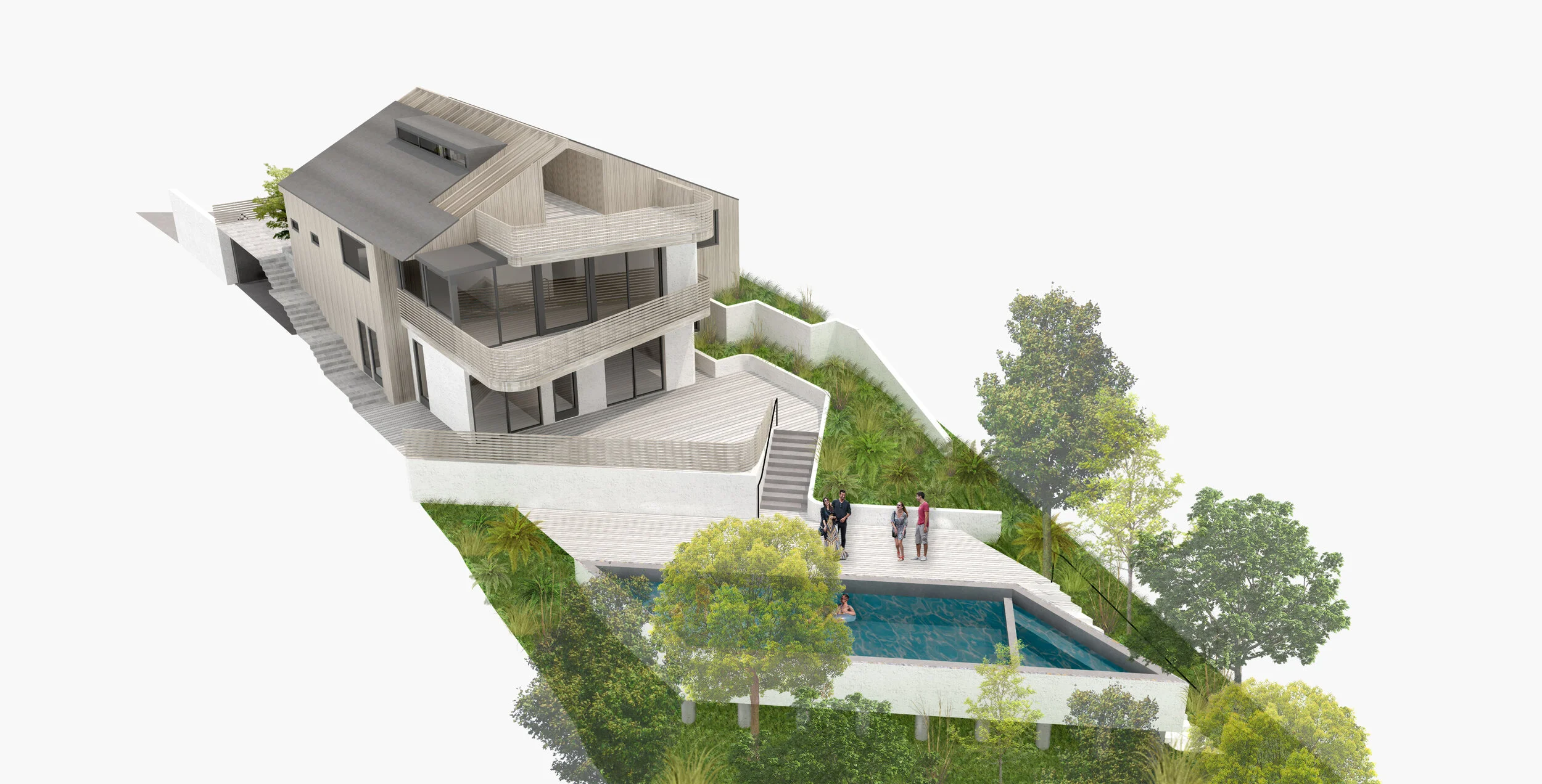 Architecture for addition to residence in Echo Park. Arial view of pool, landscaping and three level home.