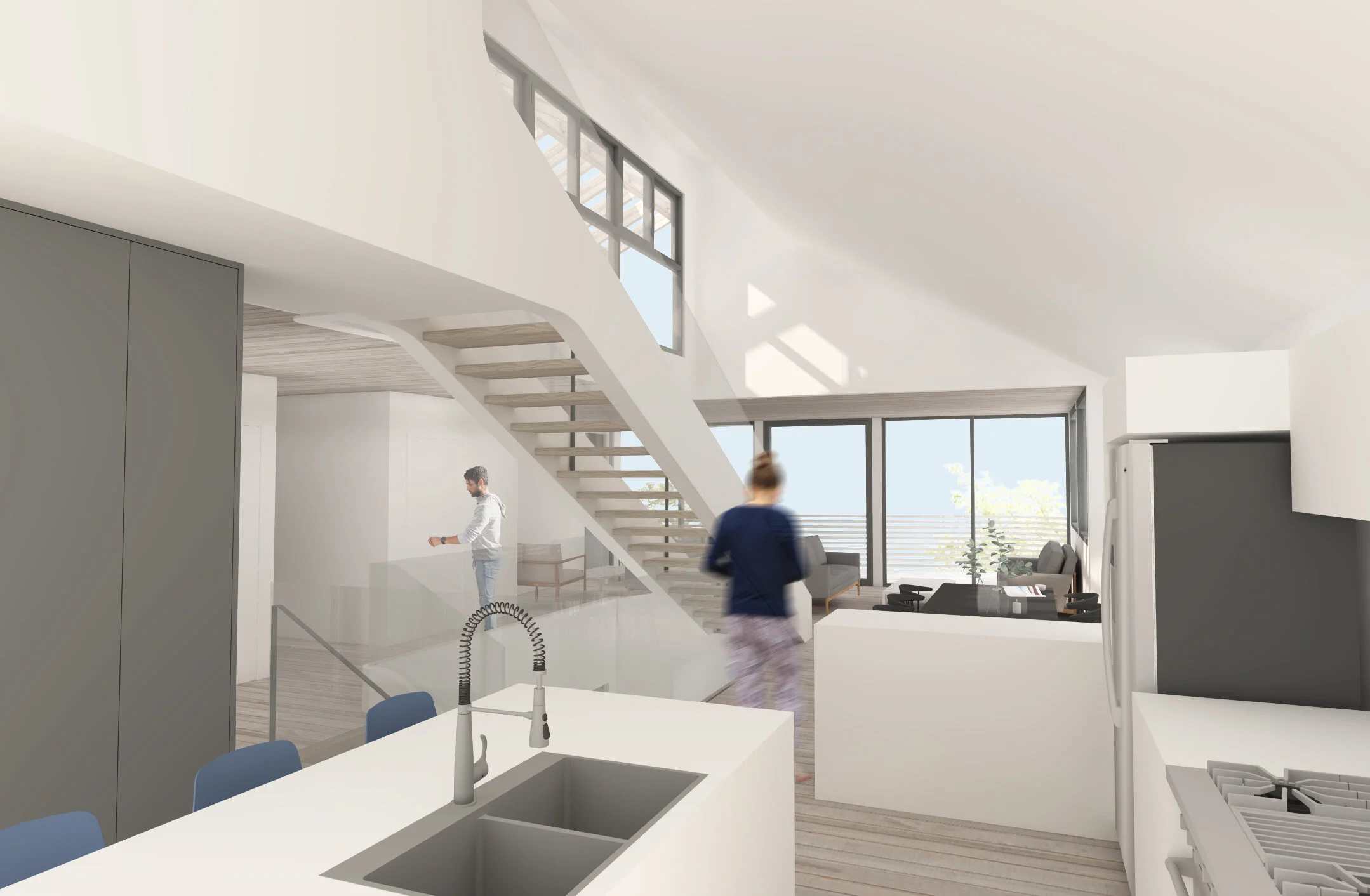 Architecture for addition to residence in Echo Park. Kitchen view and glass paneled wall.