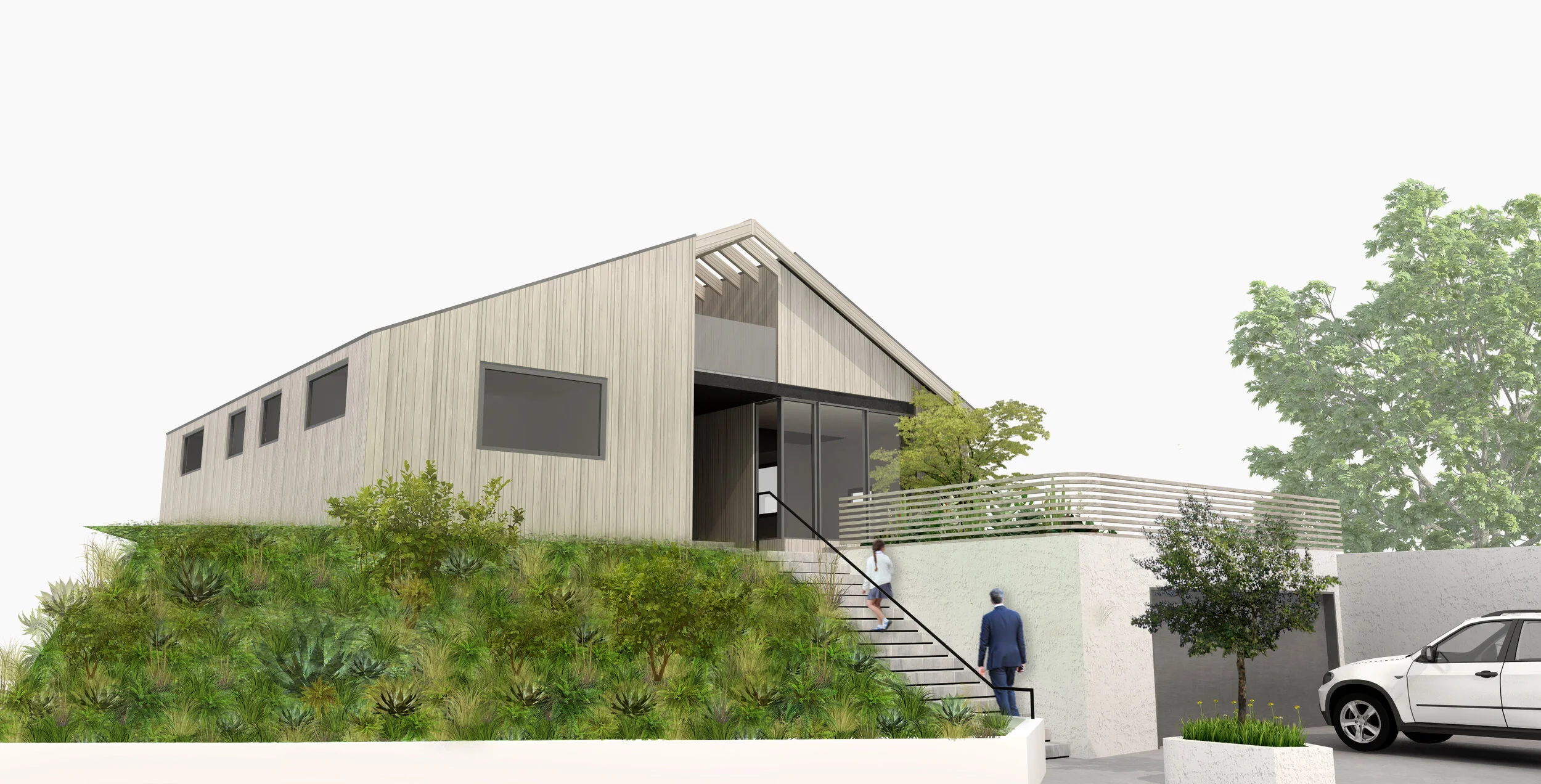Architecture for addition to residence in Echo Park. View of parking and entry.