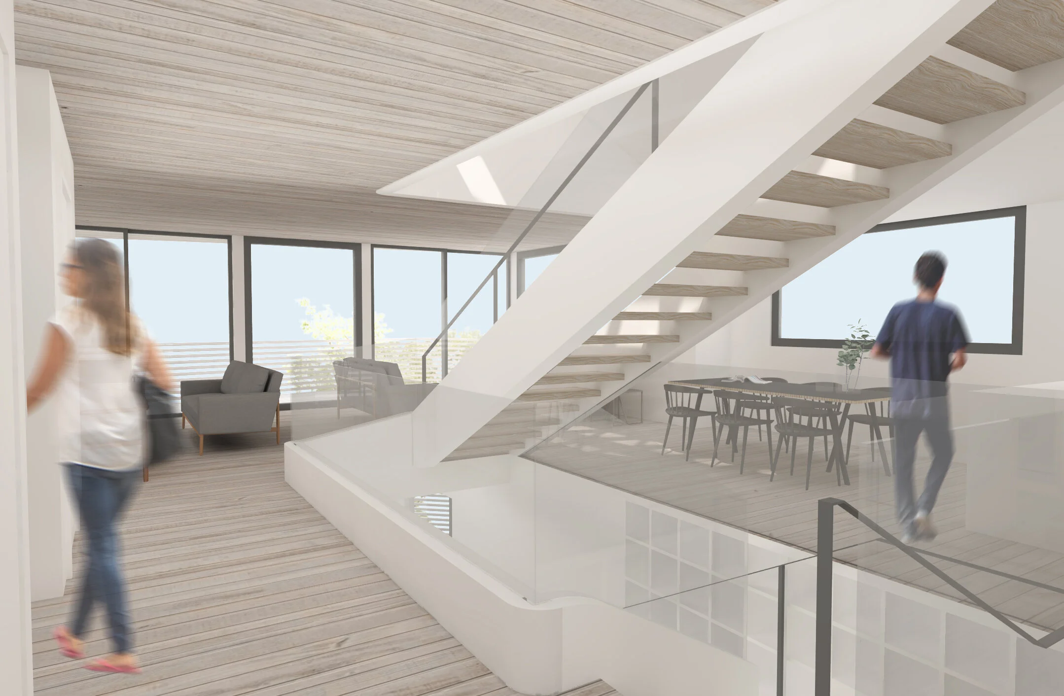 Architecture for addition to residence in Echo Park. Staircase leading between the three levels.