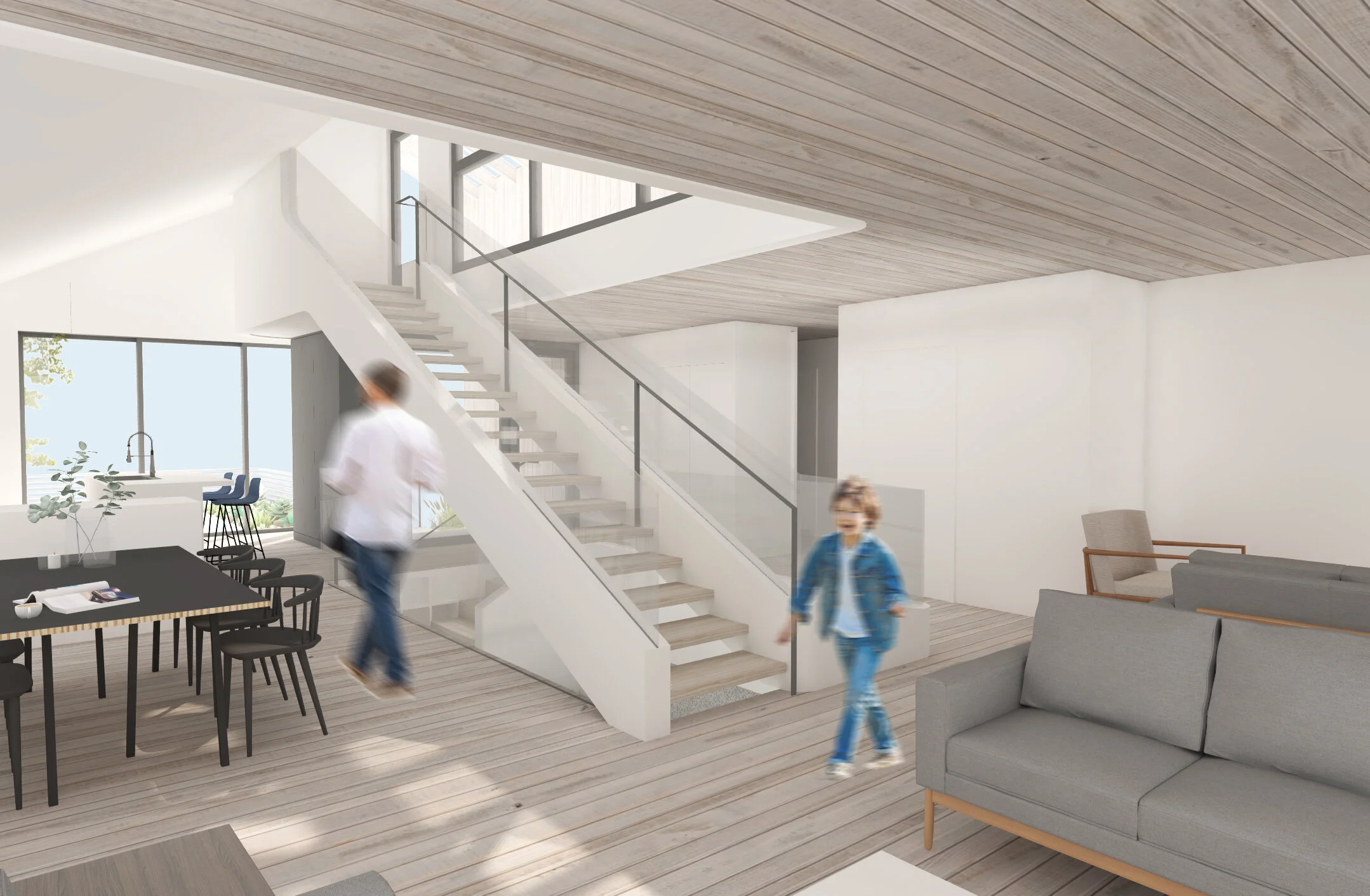 Architecture for addition to residence in Echo Park. Staircase leading between the three levels.