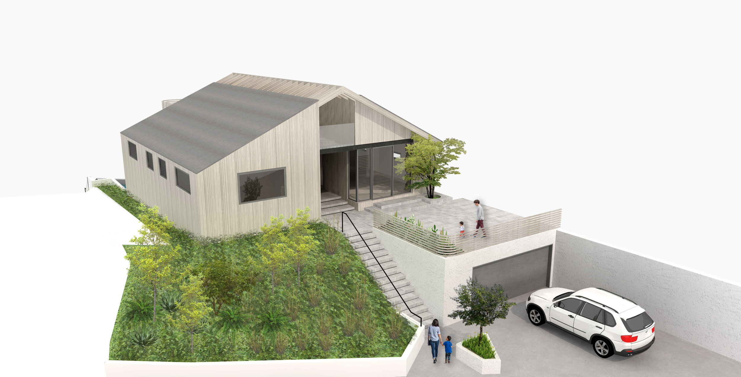 Architecture for addition to residence in Echo Park. View of landscaping, parking and entry.