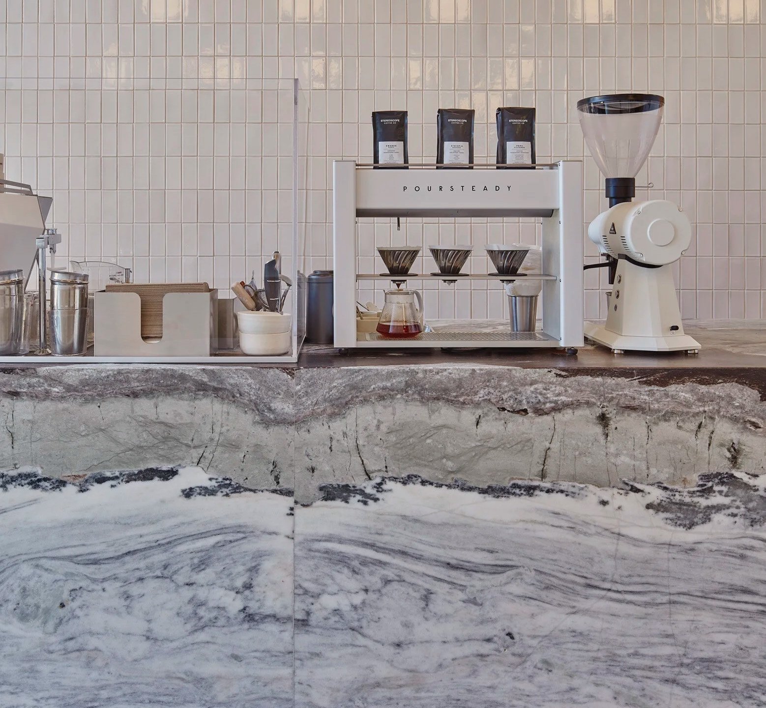 Architecture of Stereoscope Coffee Bar Newport Beach, marble counter and pour-overs