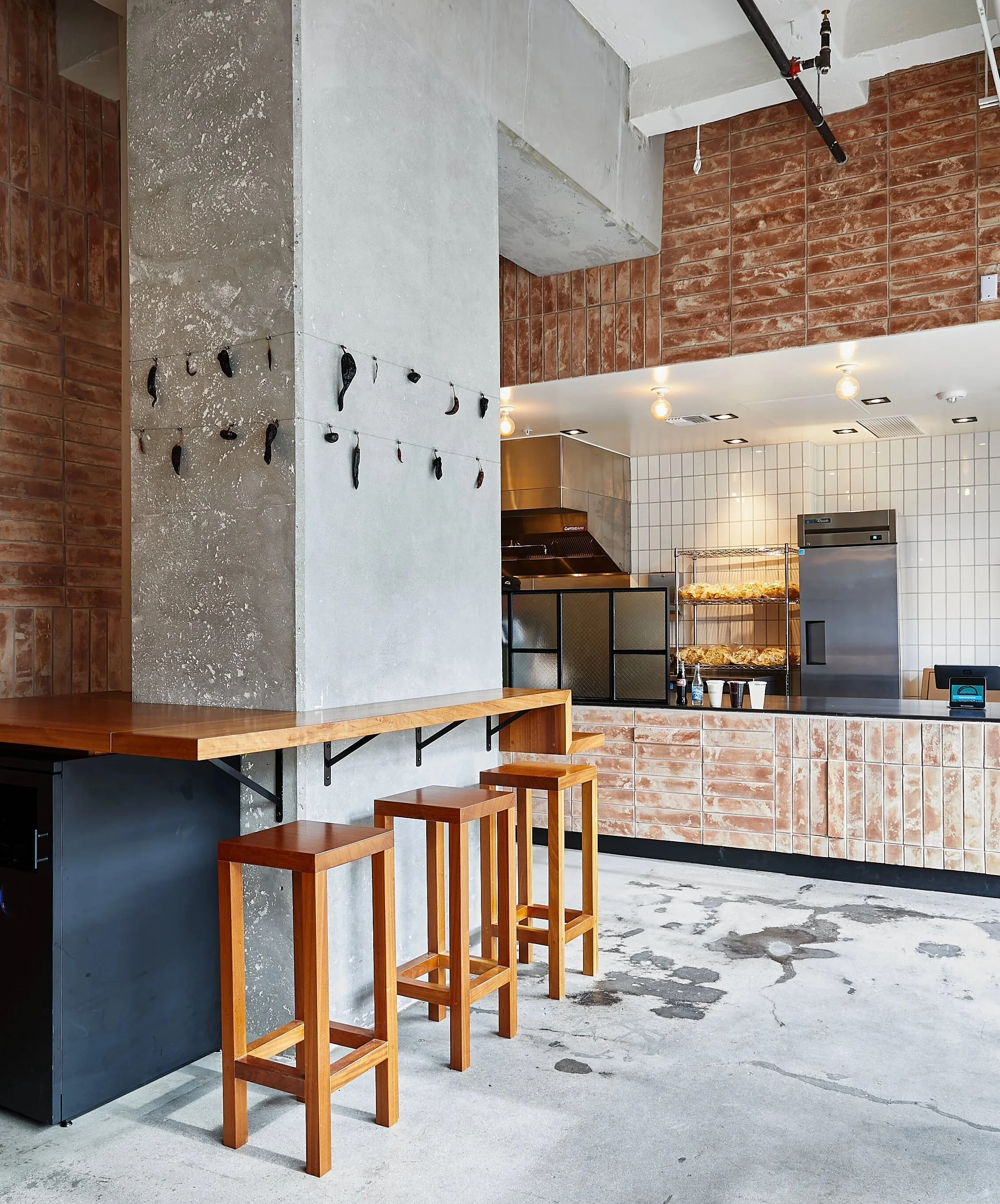 Architecture of Loqui restaurant in downtown L.A., counter seating