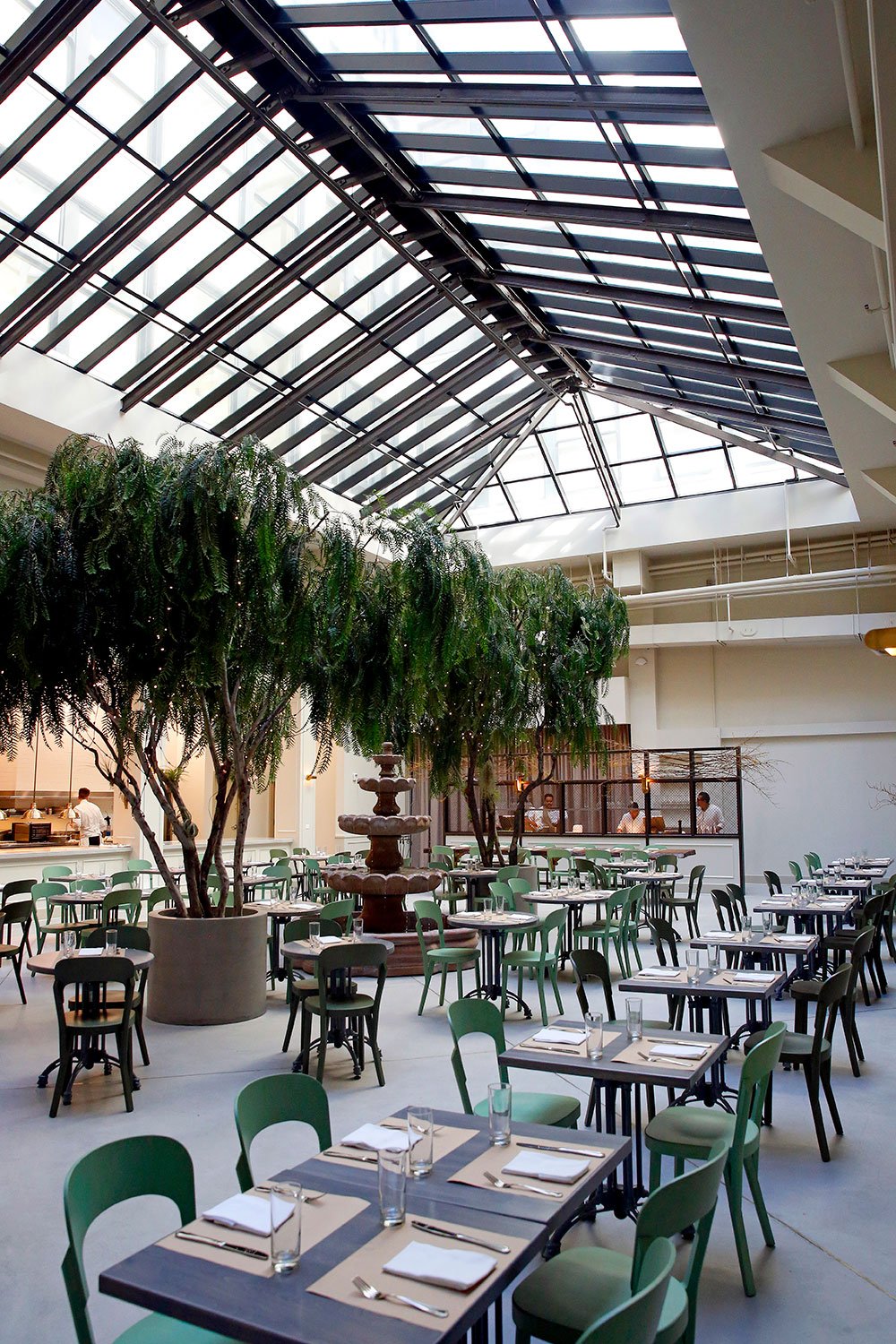 Architecture of Spring restaurant, downtown L.A., courtyard seating
