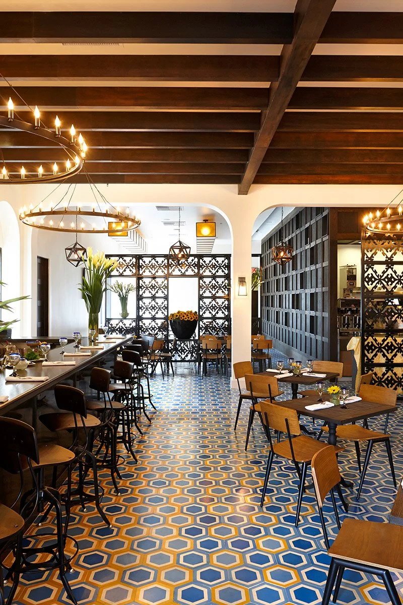 Architecture of Mexicano restaurant in Baldwin Hills, seating
