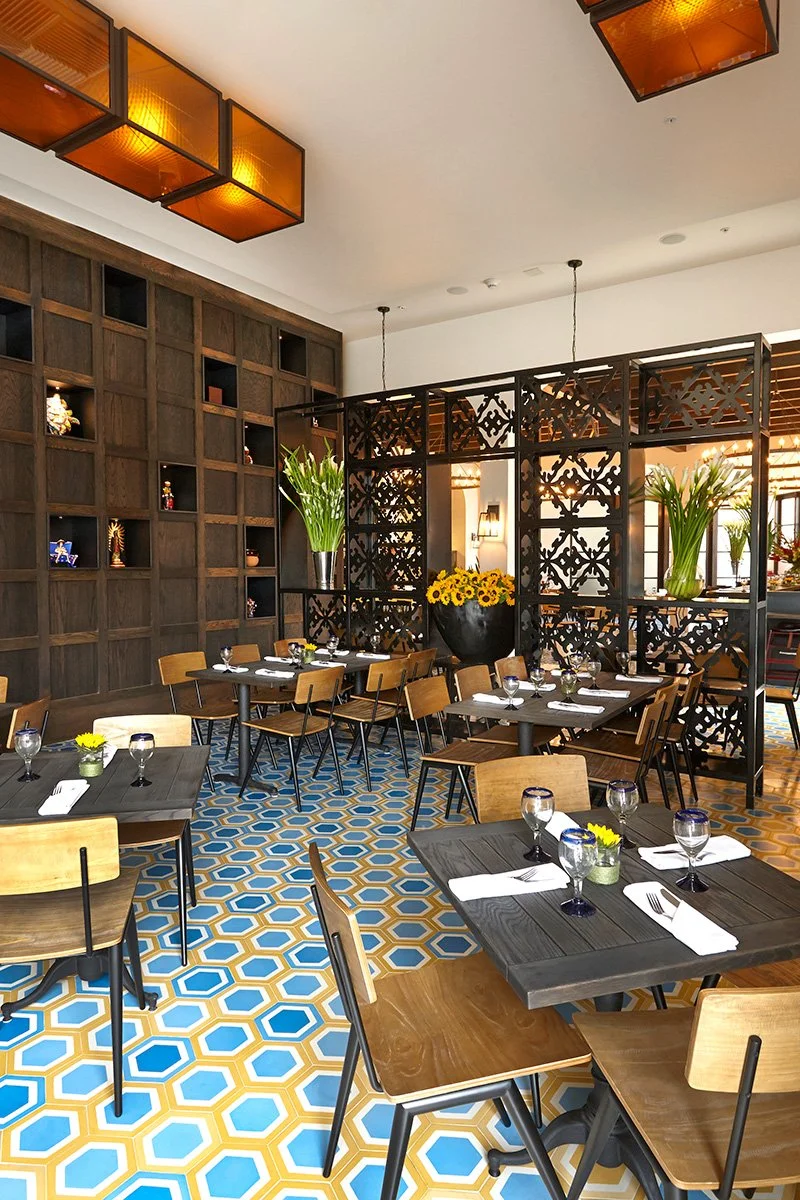 Architecture of Mexicano restaurant in Baldwin Hills, tile floor and seating