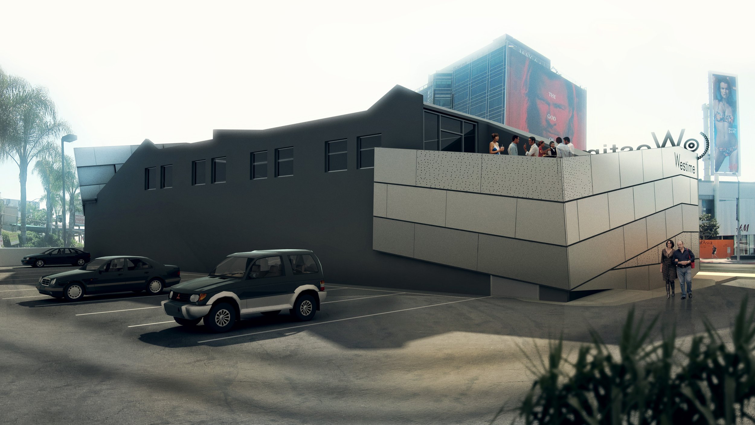 Architecture for Westime flagship retail store on the Sunset Strip in West Hollywood, balcony and parking view