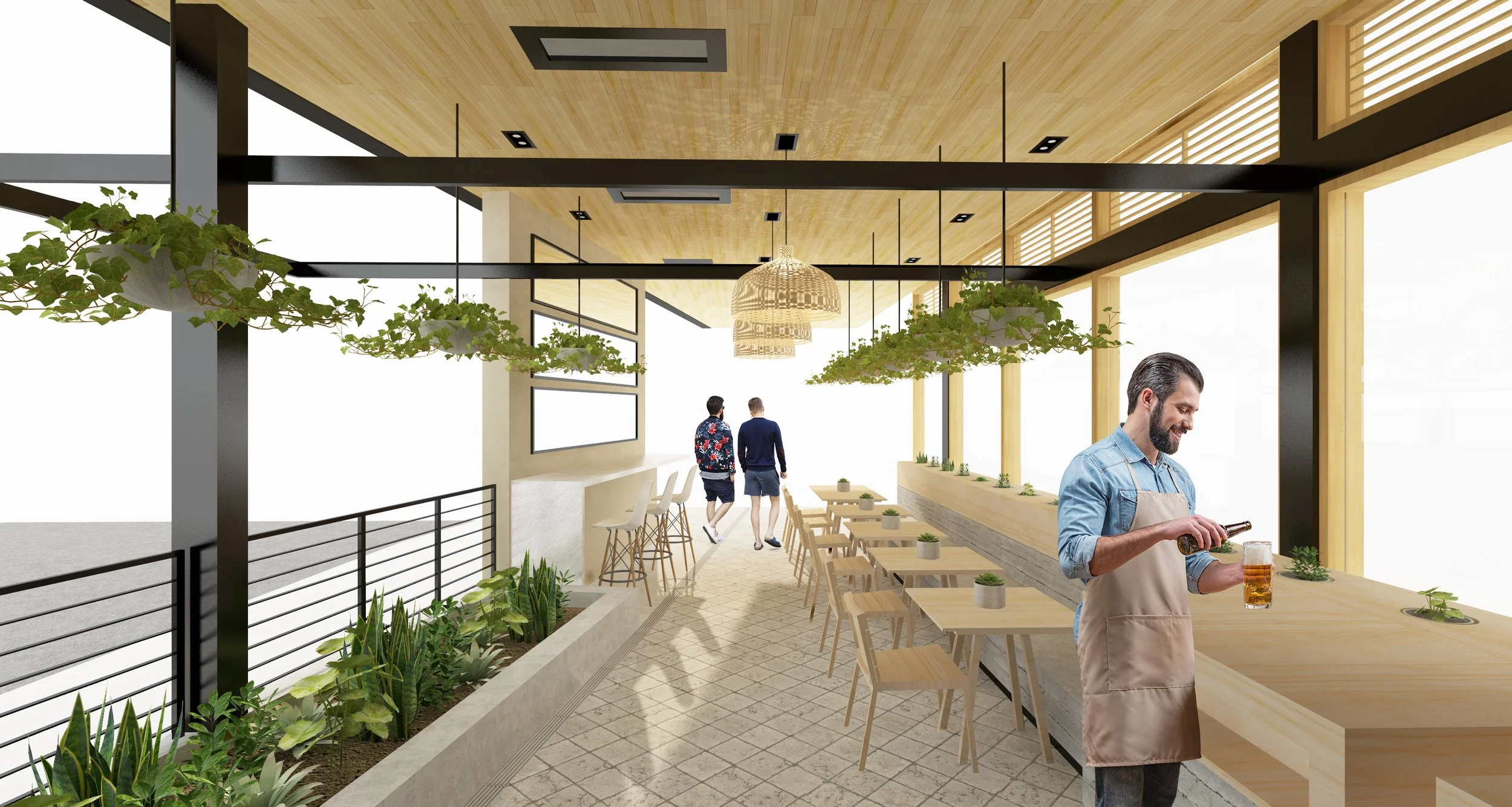 Architecture of Seabirds Kitchen restaurant at South Coast Plaza, rendering of patio seating