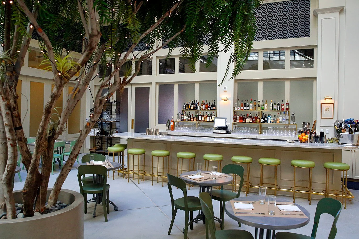 Architecture of Spring restaurant, downtown L.A., courtyard bar and seating