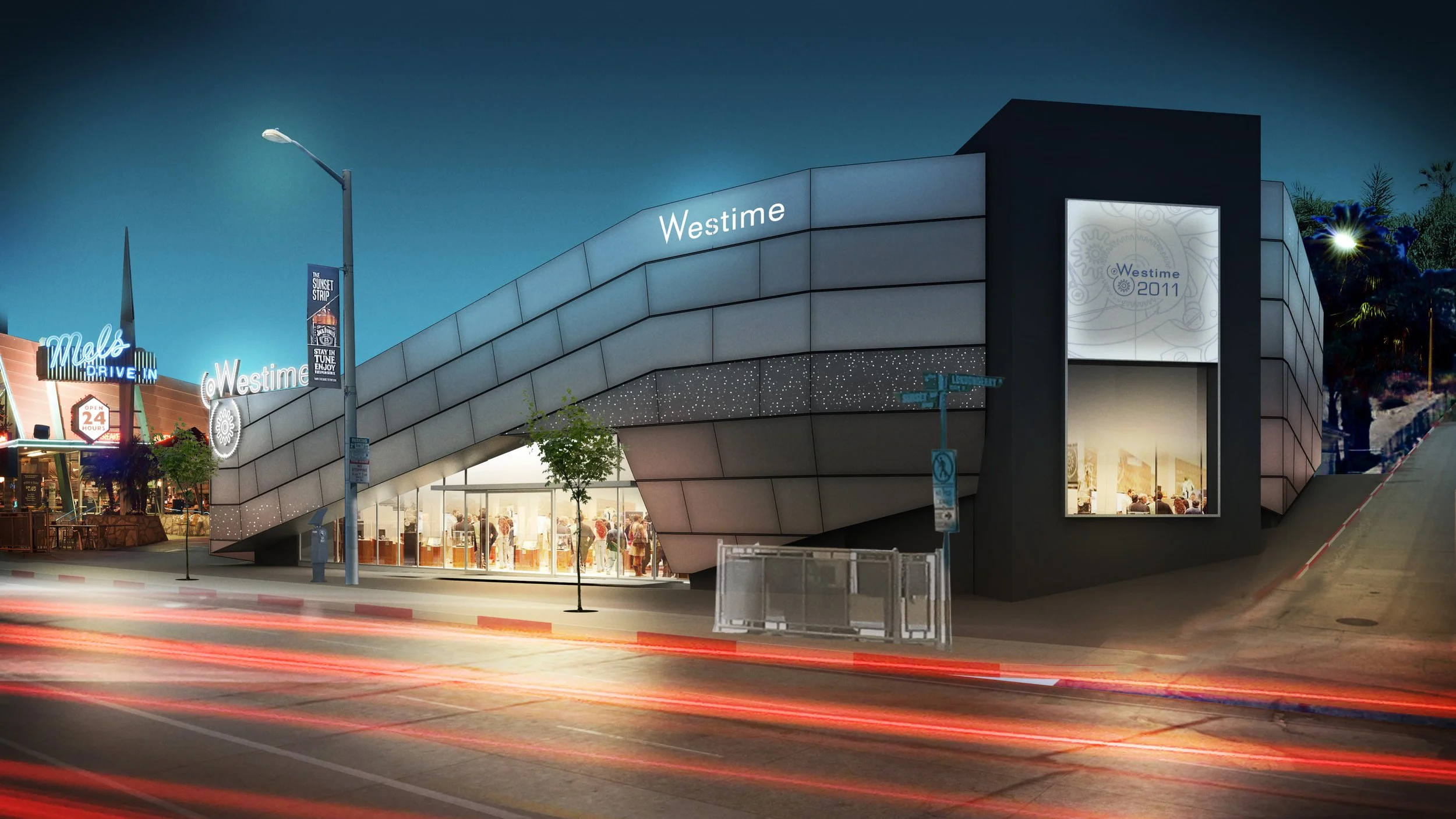 Architecture for Westime flagship retail store on the Sunset Strip in West Hollywood, aluminum facade
