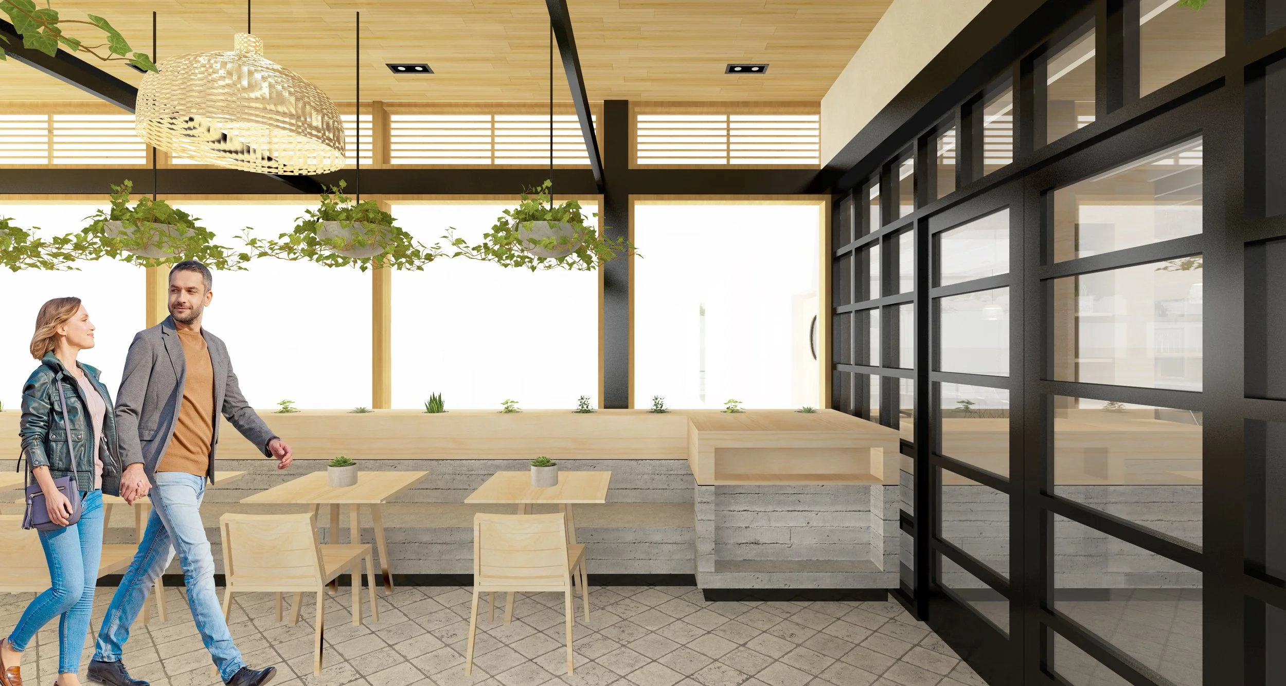 Architecture of Seabirds Kitchen restaurant at South Coast Plaza, rendering of patio seating and steel entry doors