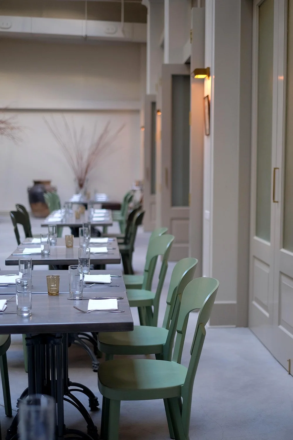 Architecture of Spring restaurant, downtown Los Angeles, green chairs