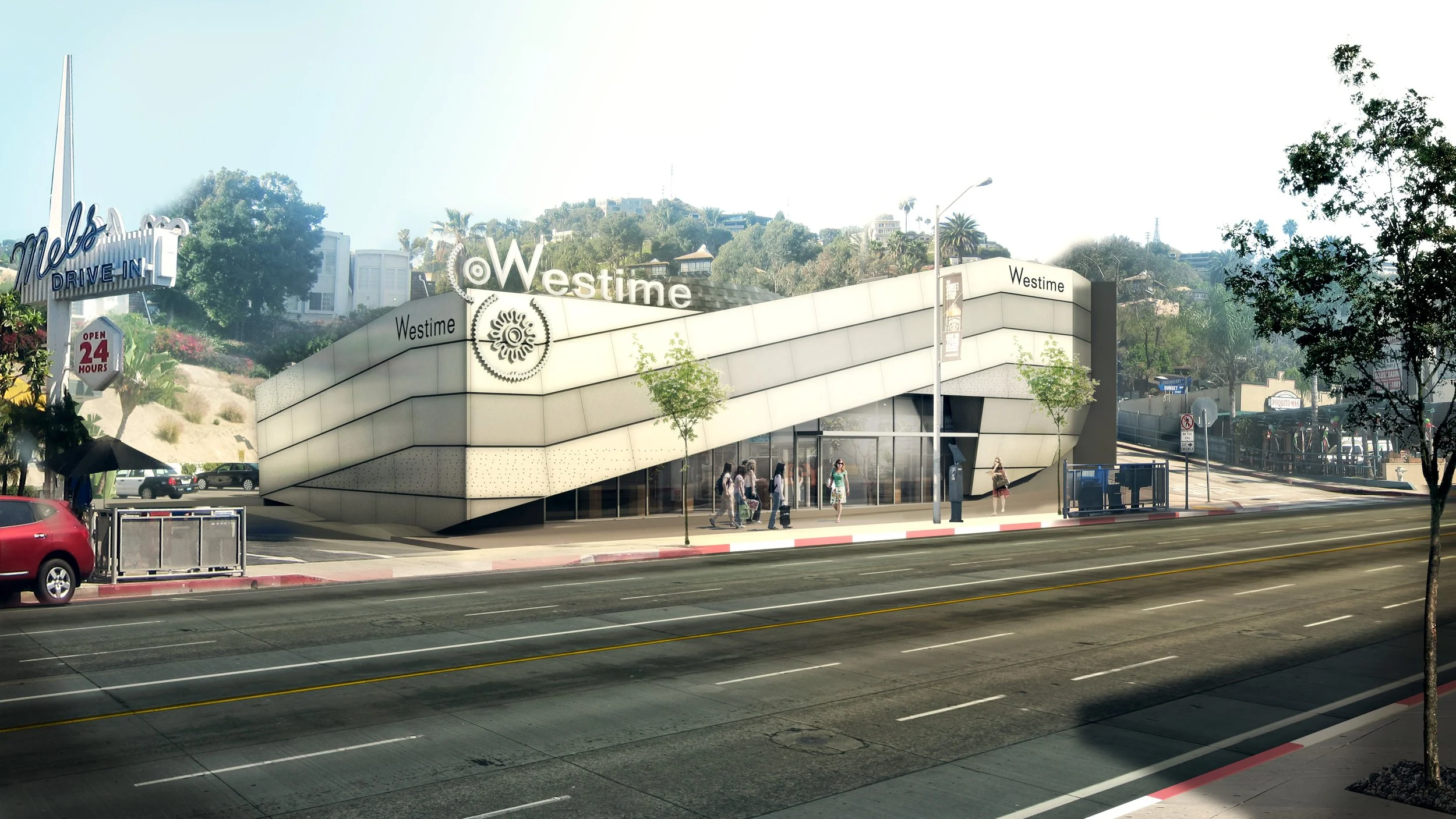 Architecture for Westime flagship retail store on the Sunset Strip in West Hollywood, aluminum facade