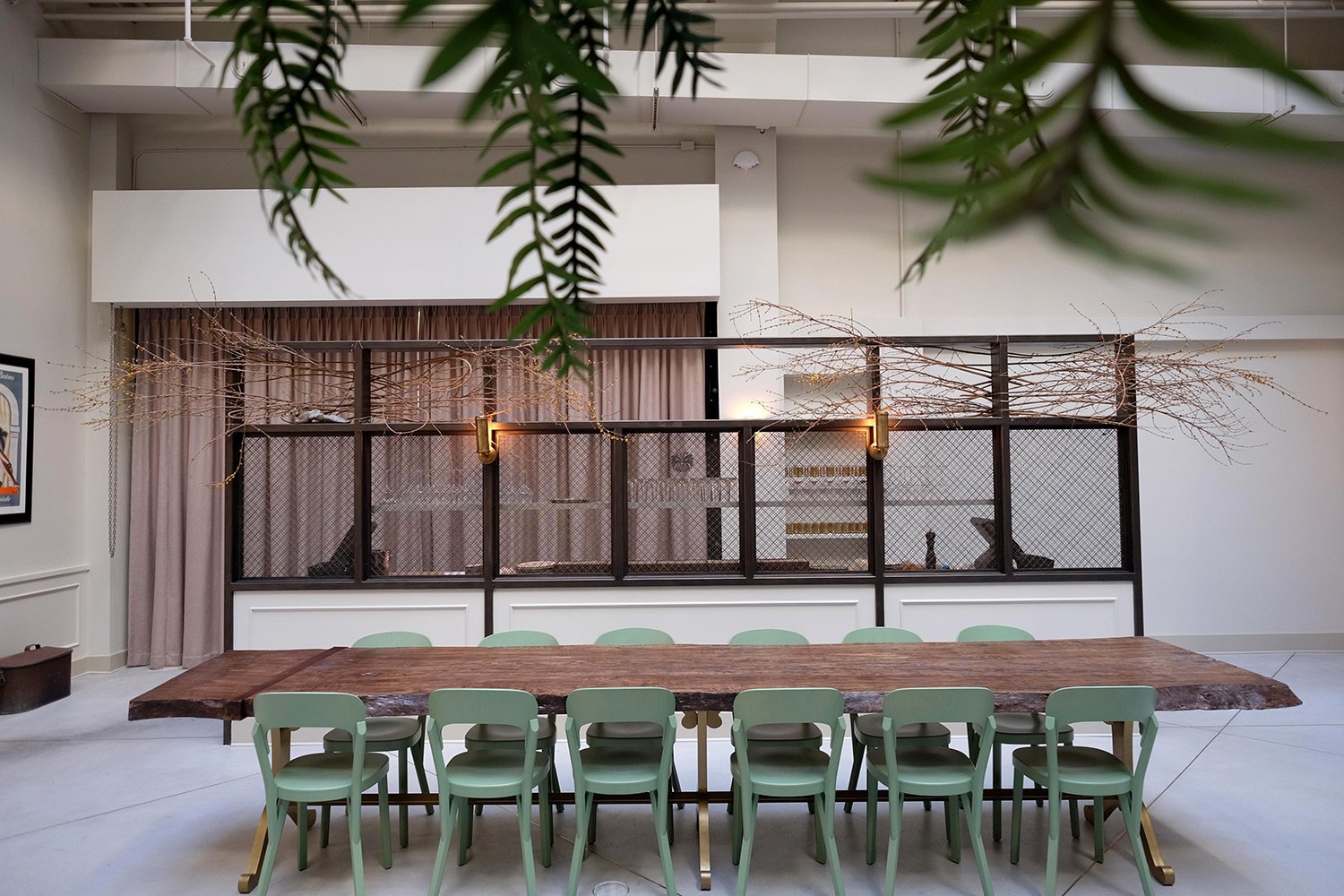 Architecture of Spring restaurant, downtown Los Angeles, green seating