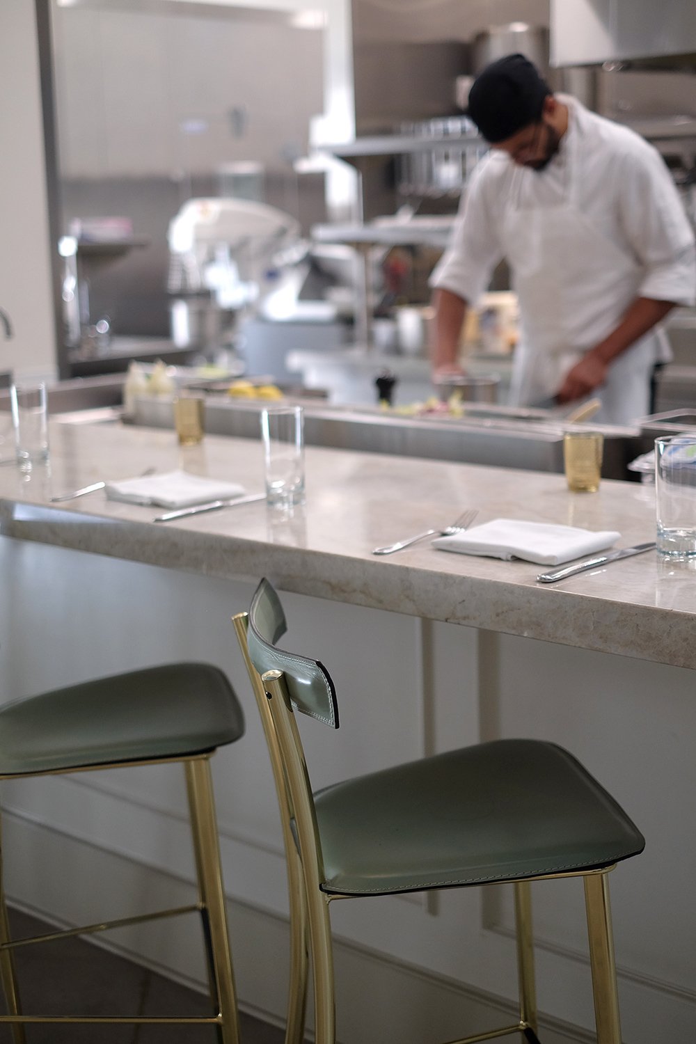 Architecture of Spring restaurant, downtown Los Angeles, open kitchen and counter seating
