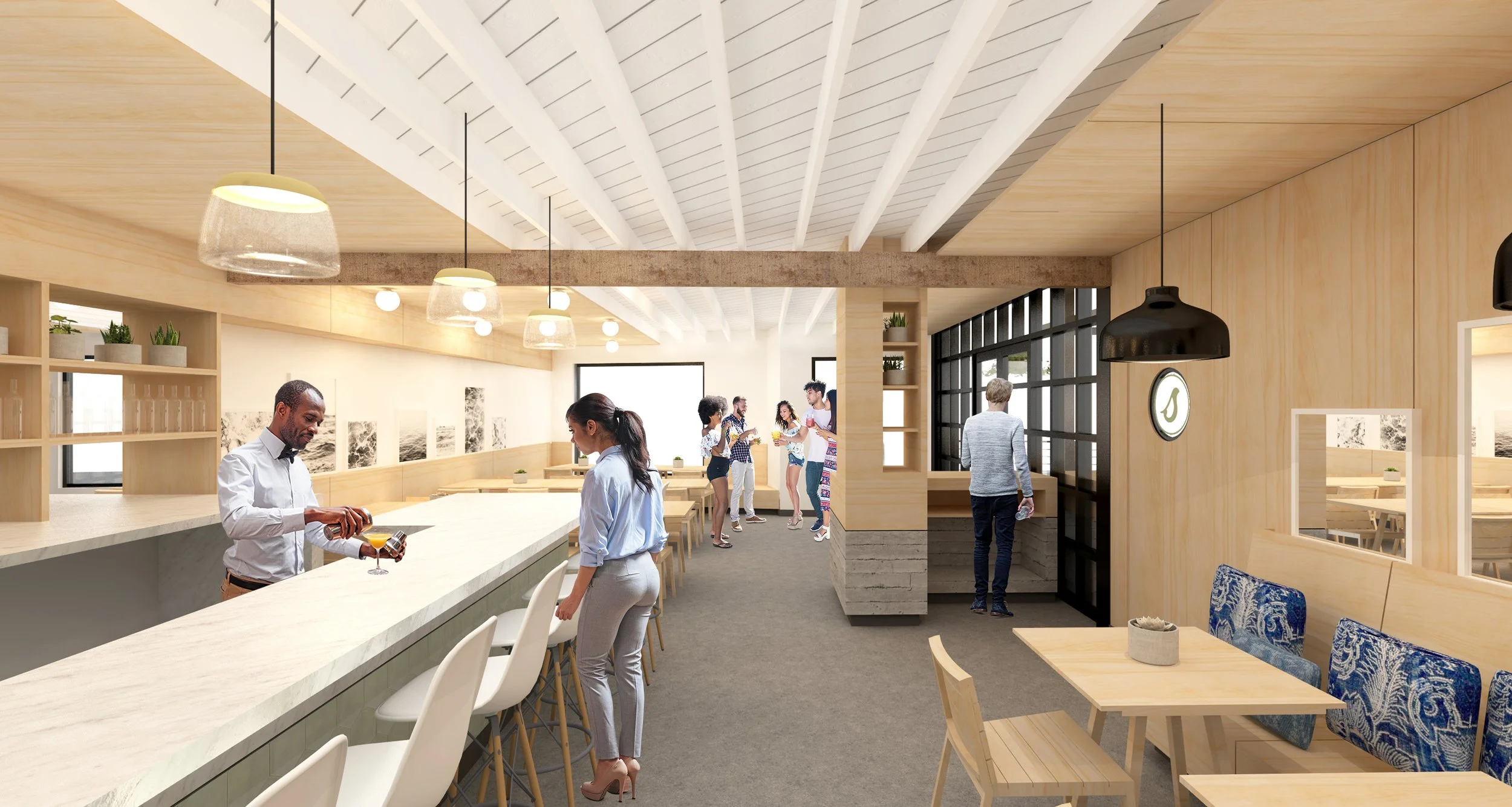 Architecture of Seabirds Kitchen restaurant at South Coast Plaza, rendering of counter