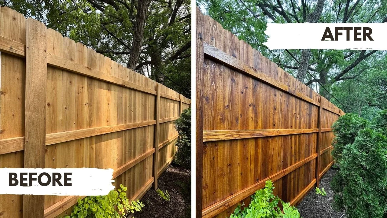 Cedar fence staining before and after results in Des Moines, Iowa by Elite Deck and Fence.