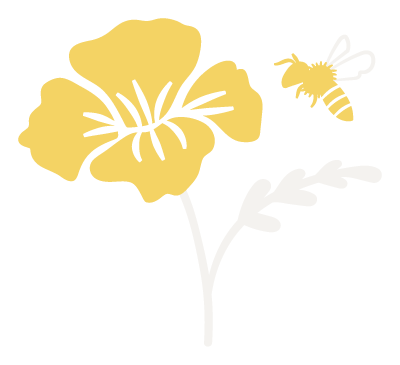 Golden Poppy Digital Logo – A Golden Poppy on a stem with a small bee flying next to it.