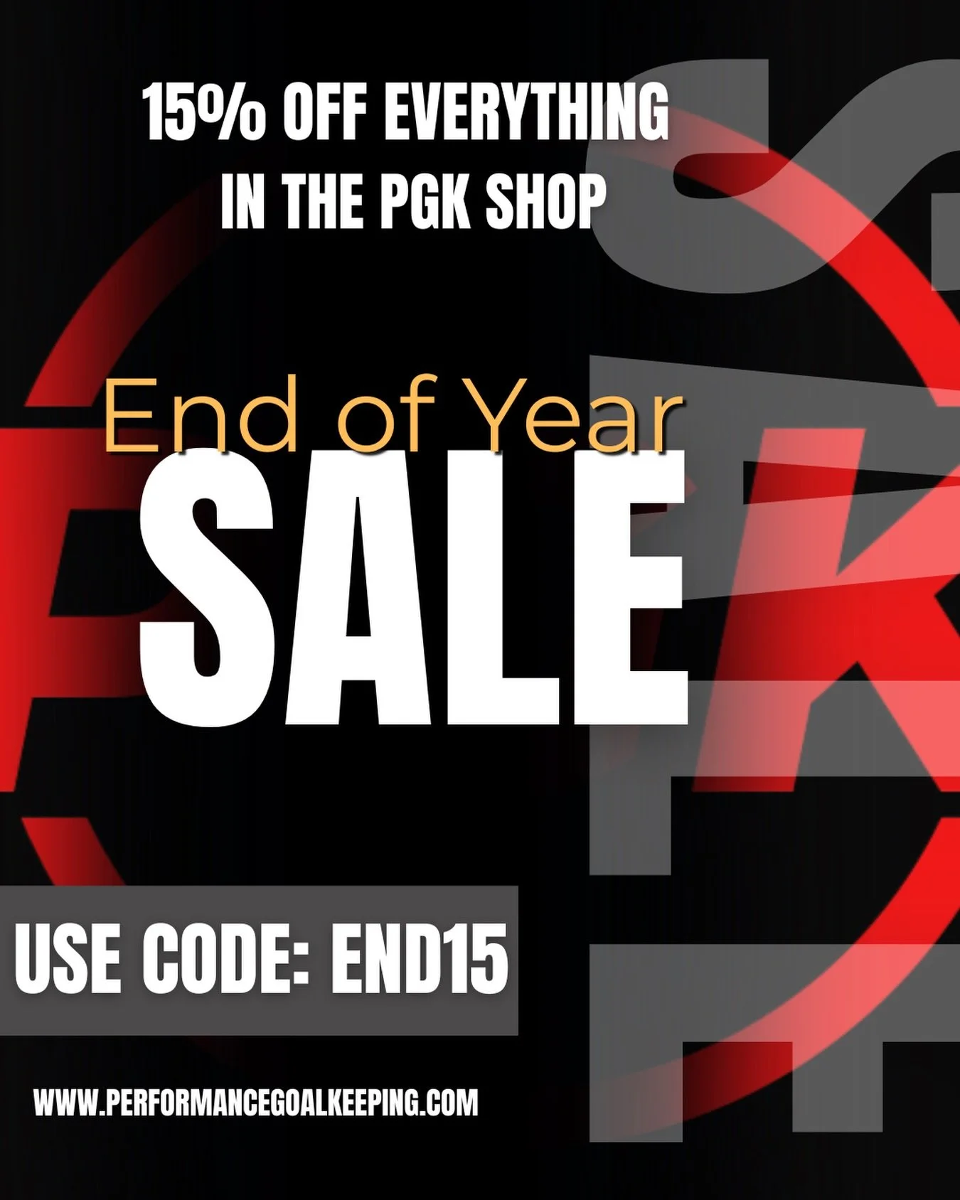 PGK End of 2025 SALE. Use code END15 for 15% OFF everything in the PGK Shop. 

https://www.performancegoalkeeping.com/pgk-store 

This sale runs through December 31st at midnight! 

#goalkeeping #goalkeeper #goalkeepergloves #sales #discount