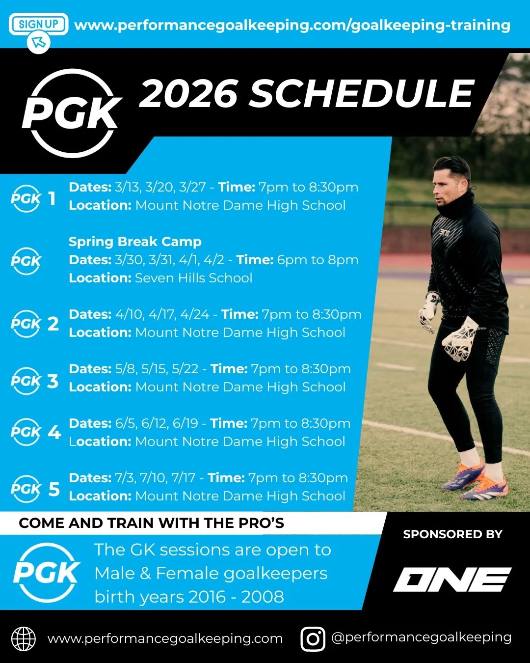New Performance Goalkeeping Schedule Released! 

First PGK goalkeeping training sessions for 2026 are up on the site and open for sign up. Come and join the PGK staff for weekly goalkeeping training. Run by @fccincinnati goalkeeping coaches @paulroge