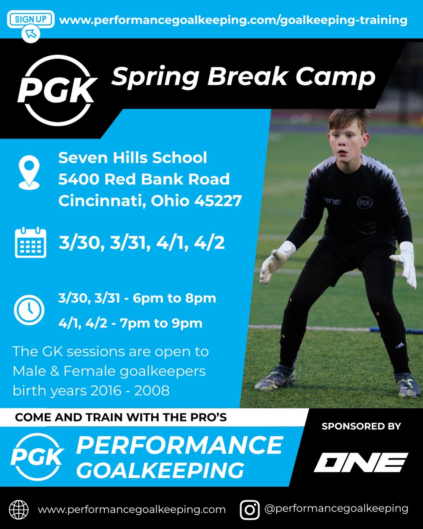 PGK Spring Break GK Camp 2026
Come and join us at Seven Hills school next week! 
Times have been adjusted slightly:
3/30, 3/31 - 6pm to 8pm on the lower pitch
4/1, 4/2 - 7pm to 9pm on the upper pitch

Sign up at: www.performancegoalkeeping.com/goalke
