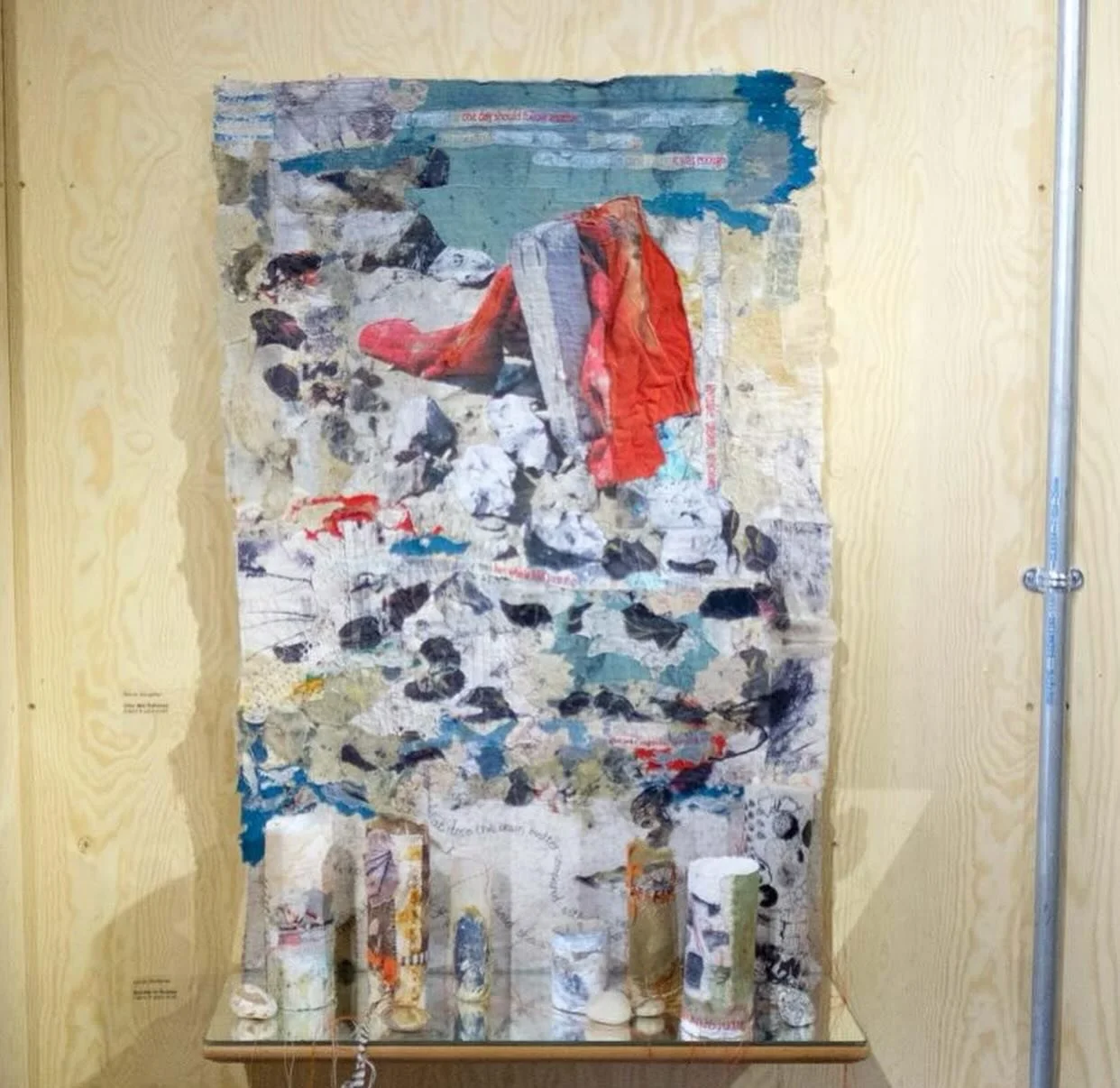 Mandy Bangerter @mandybangerter 
Layers of textiles, stitch and text are inspired by Virginia Woolf&rsquo;s novel Mrs Dalloway, which celebrates its centenary this year.
Embedded in an image of the River Ouse in Sussex where Woolf ended her life, are