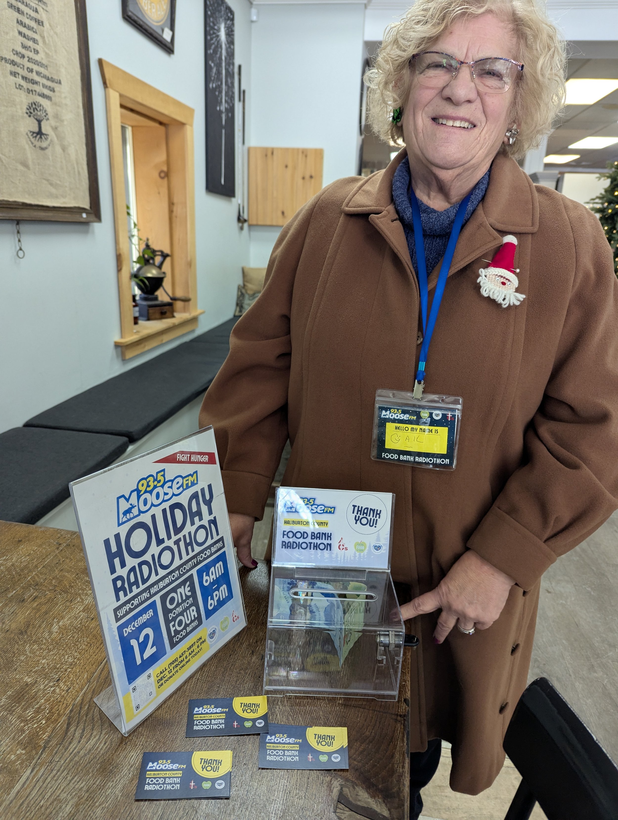 Gail collecting donations at Castle Antiques