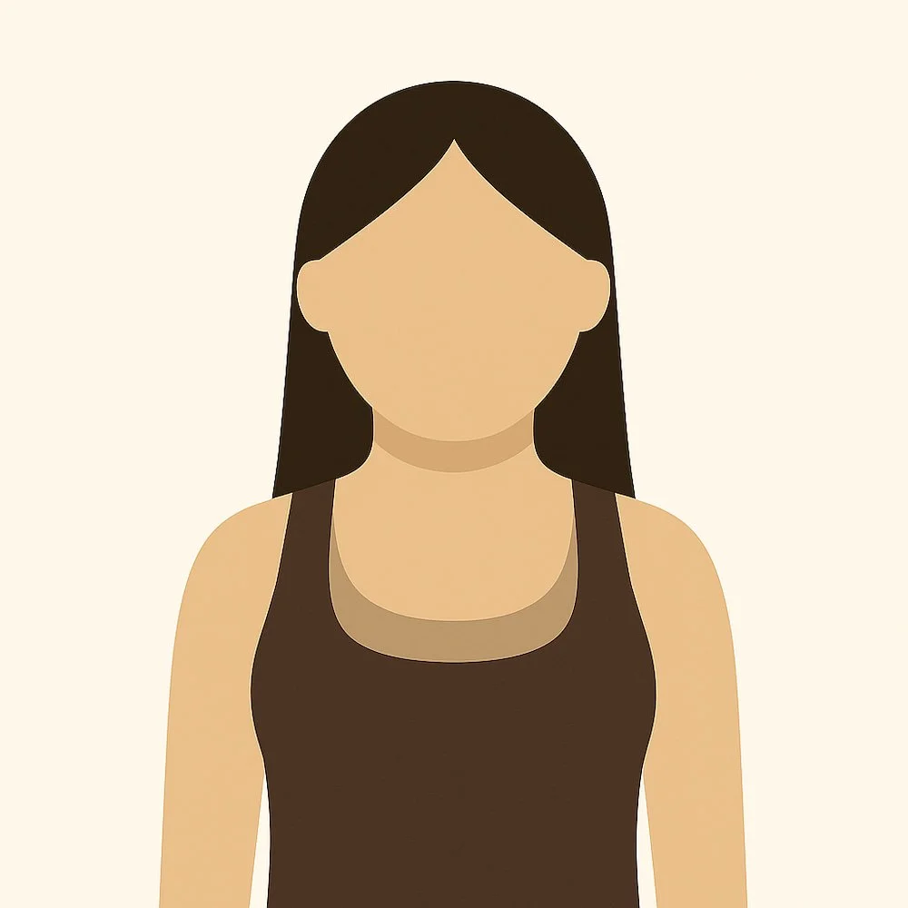 Illustration of a woman with long dark hair wearing a brown tank top against a light background.