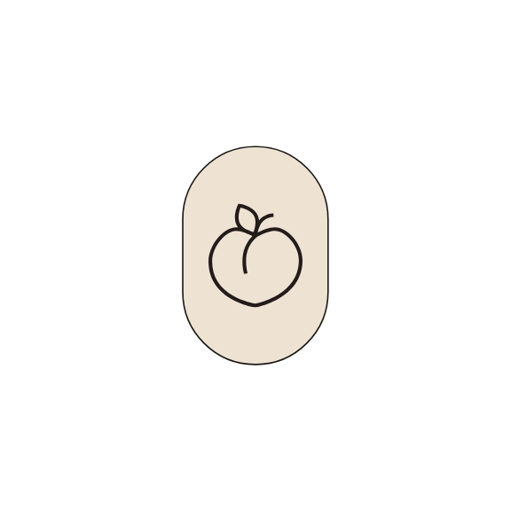 A beige oval shape with a black outline of a peach on a black background.