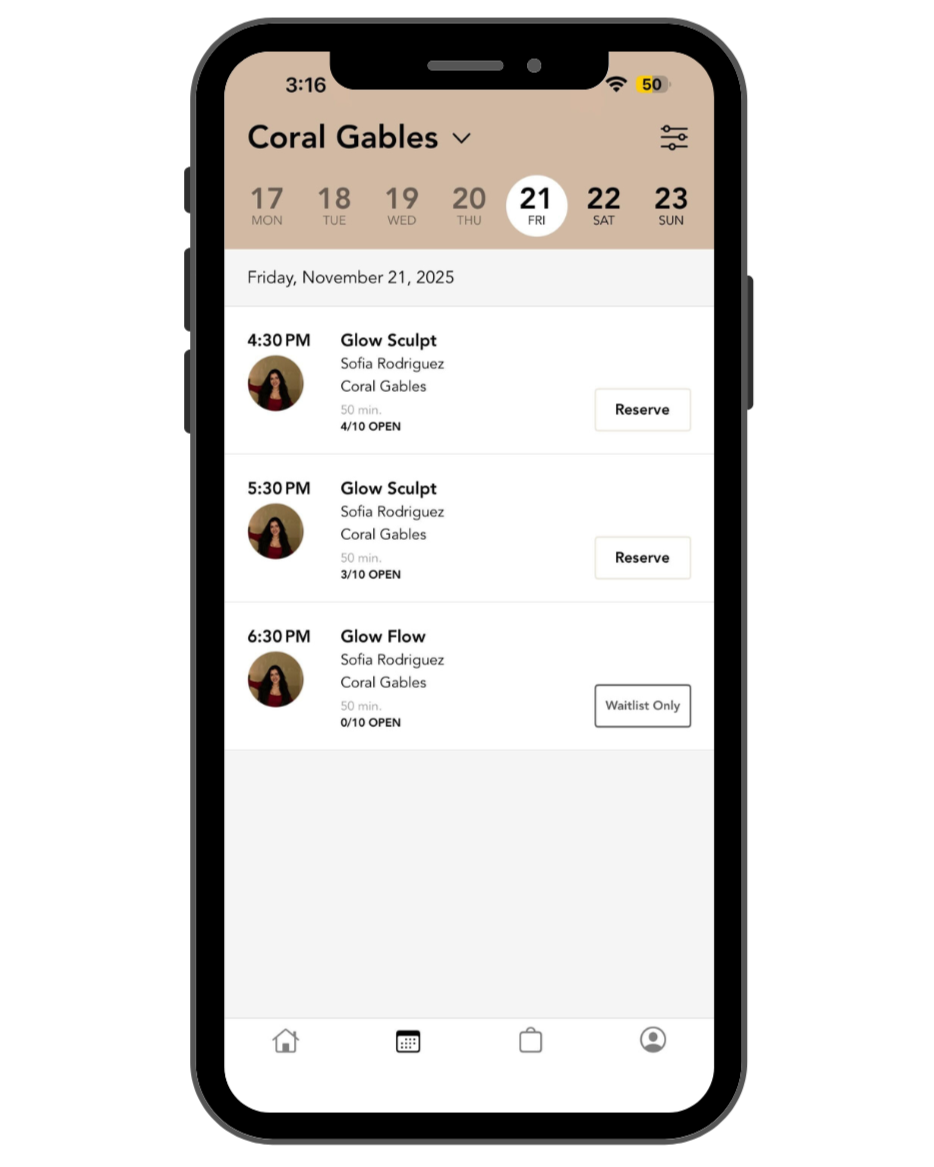 Screenshot of a mobile app scheduling massage appointments at Coral Gables, showing dates, times, client Sofia Rodriguez, and options to reserve or join a waitlist.