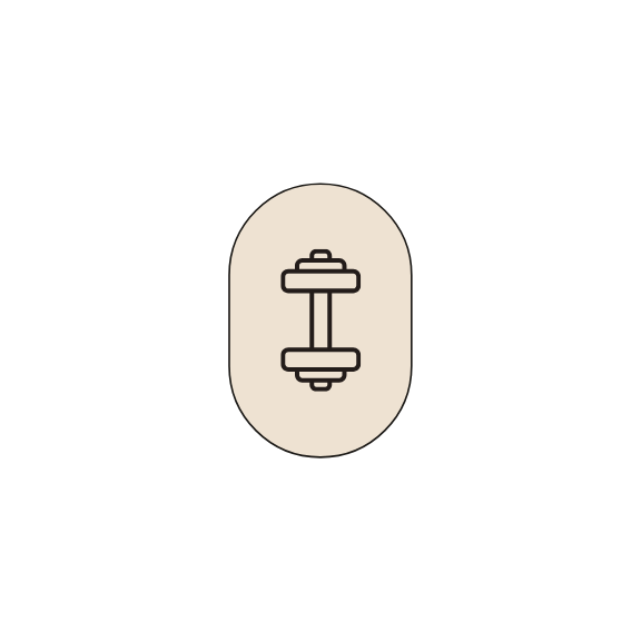 Icon of a dumbbell inside an oval shape on a black background.