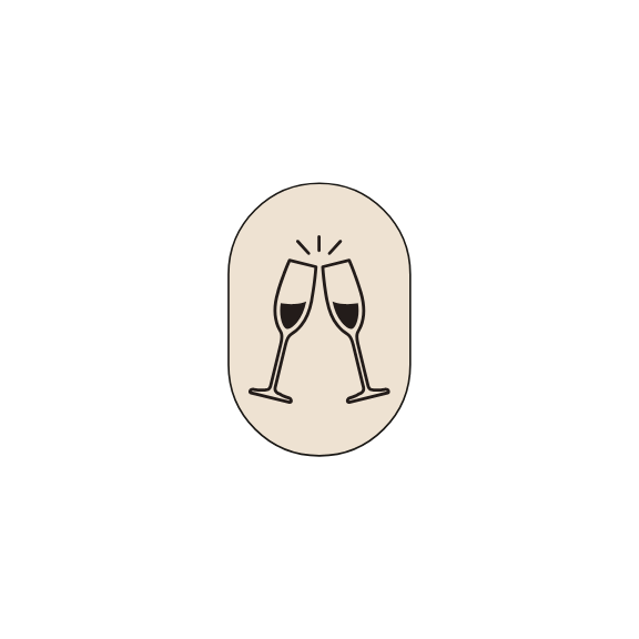 A digital illustration of two clinking champagne glasses inside a beige oval, set against a black background.