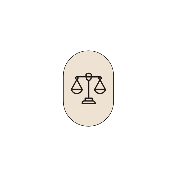 Icon of balanced scales inside an oval shape, representing justice or law.