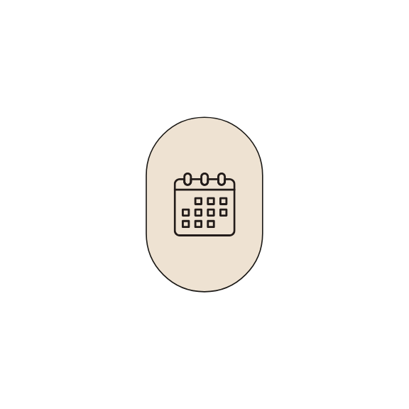 Icon of a calendar inside an oval, centered on a black background.