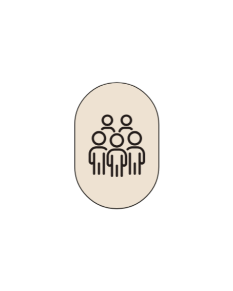 Minimalist icon of six people in a group on a white oval background.