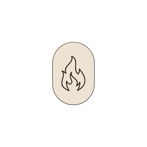 Icon of a flame inside an oval shape on a black background.
