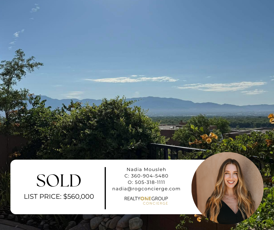 A real estate agent's card with a scenic view of mountains and greenery in the background, featuring a photo of Nadia Mousleh - Nadia Mousleh Real Estate