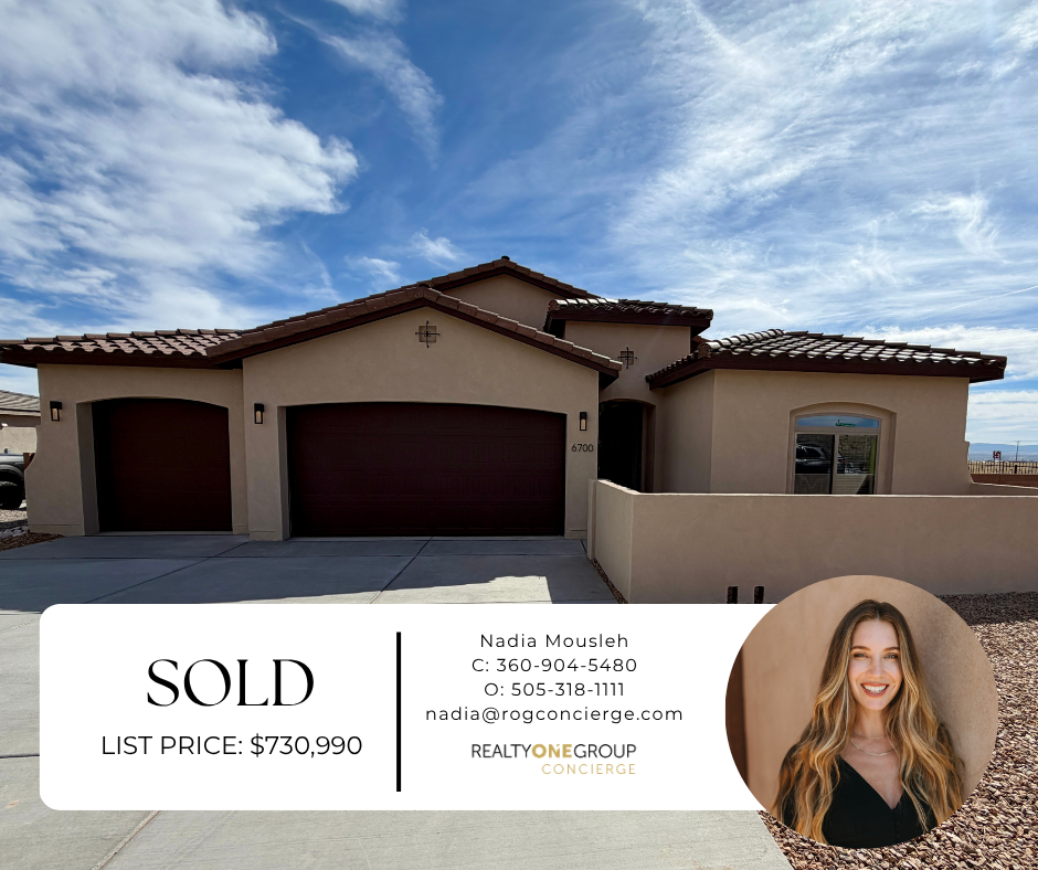 Photo of a house with a beige exterior, brown garage doors, and a tiled roof under a partly cloudy sky. A real estate sign with the word 'SOLD', agent's contact information, and a photo of Nadia Mouseh is in the foreground.