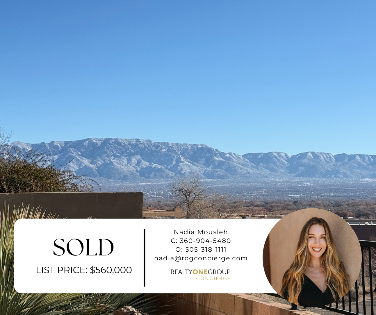 View of snow-capped mountains under a clear blue sky, with a residential area and Trees in the foreground. Overlaid on the image is a real estate agent's card with her photo, contact information, and details of a sold property, listing price $560,000
