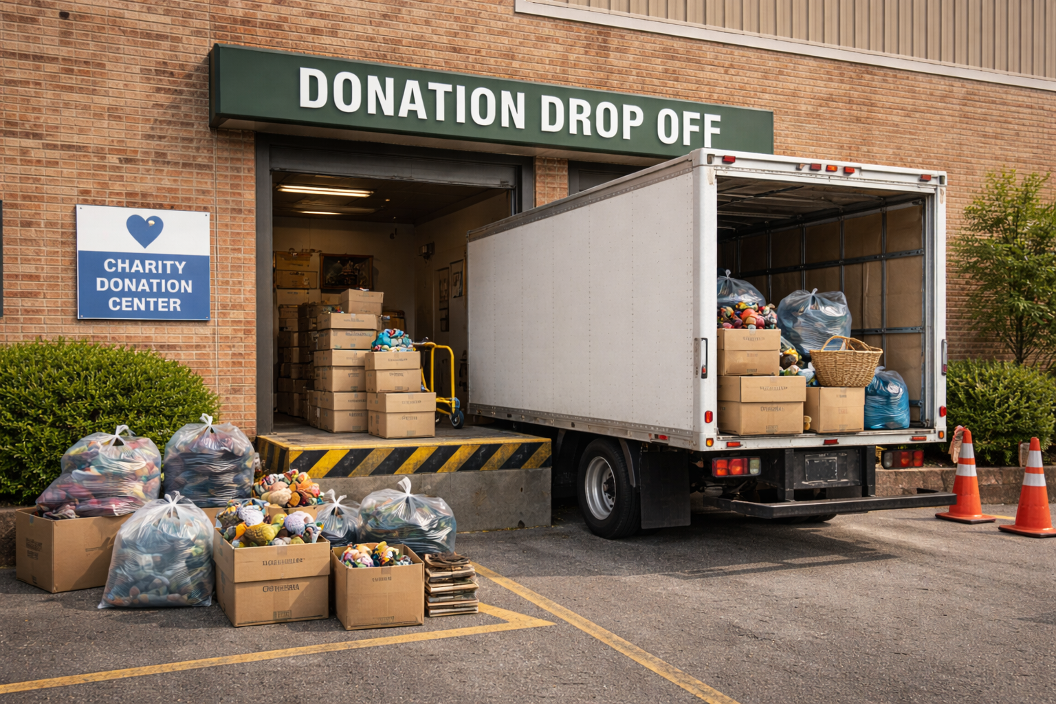 A truck filled with boxes, stuffed animals, and other donation items parked outside a charity donation center with a sign that reads 'Donation Drop Off' on a brick building.