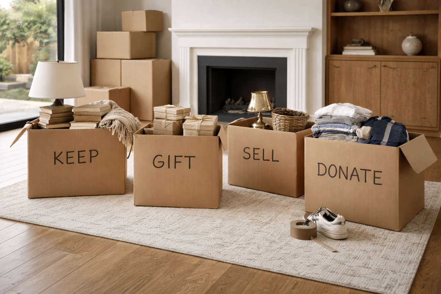 Living room with cardboard boxes labeled 'Keep,' 'Gift,' 'Sell,' and 'Donate,' filled with clothes, books, and wrapped gifts, in front of a fireplace.