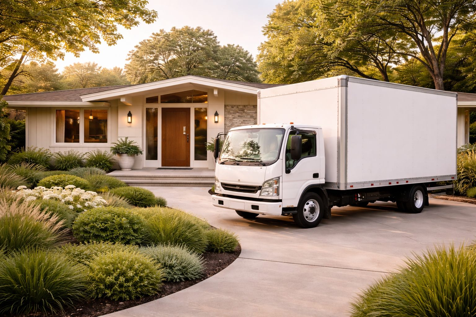 A white moving truck parked in front of a modern house with a landscaped garden and trees during sunset.