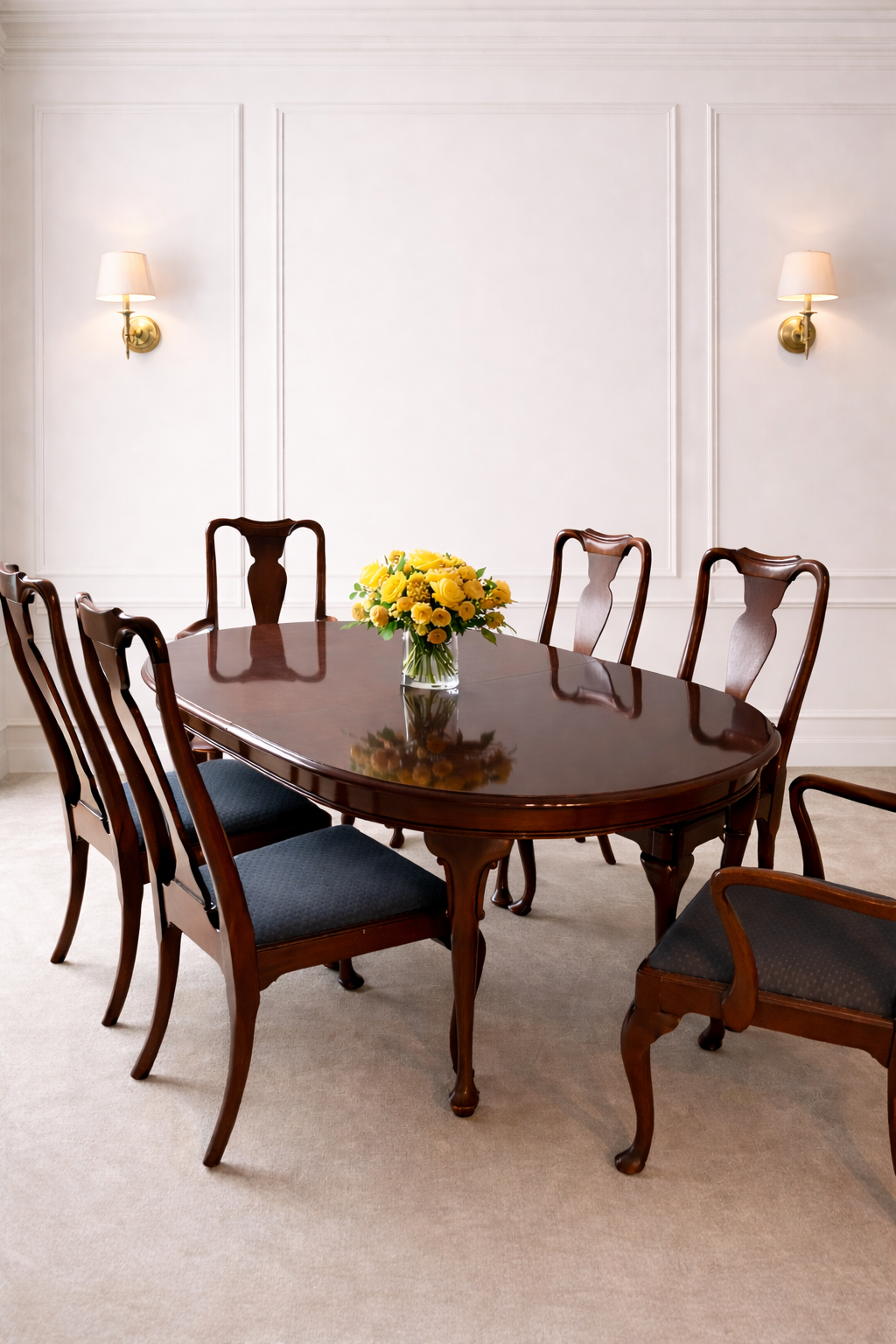 A formal dining room with a polished wooden oval table, six matching chairs, a vase of yellow flowers at the center, white walls with decorative molding, and wall-mounted lamps on either side.