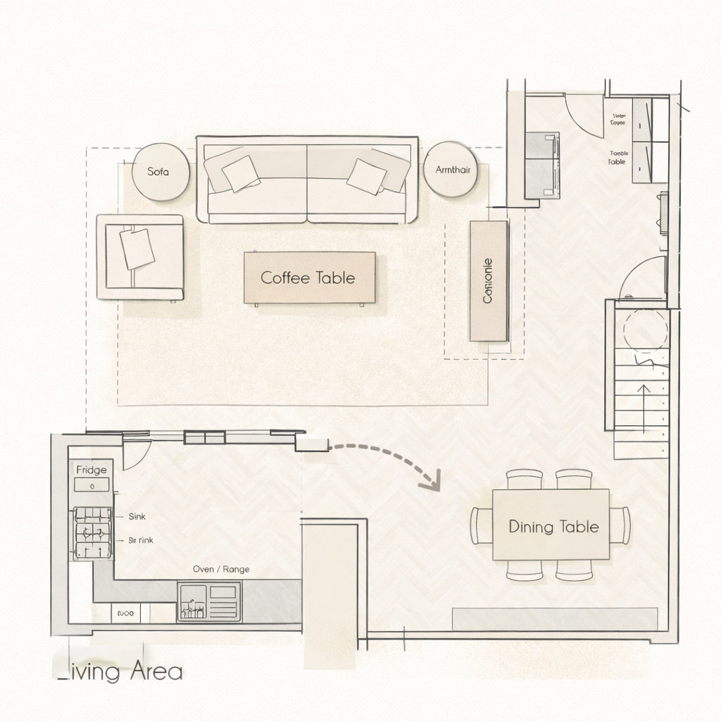 Floor plan of a living area and kitchen with furniture including a sofa, armchair, coffee table, dining table, side tables, and kitchen appliances.