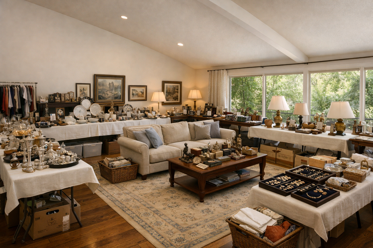 A room filled with various antiques and collectibles on tables and shelves, including jewelry, lamps, paintings, and glassware, with a large window showing leafy trees outside.