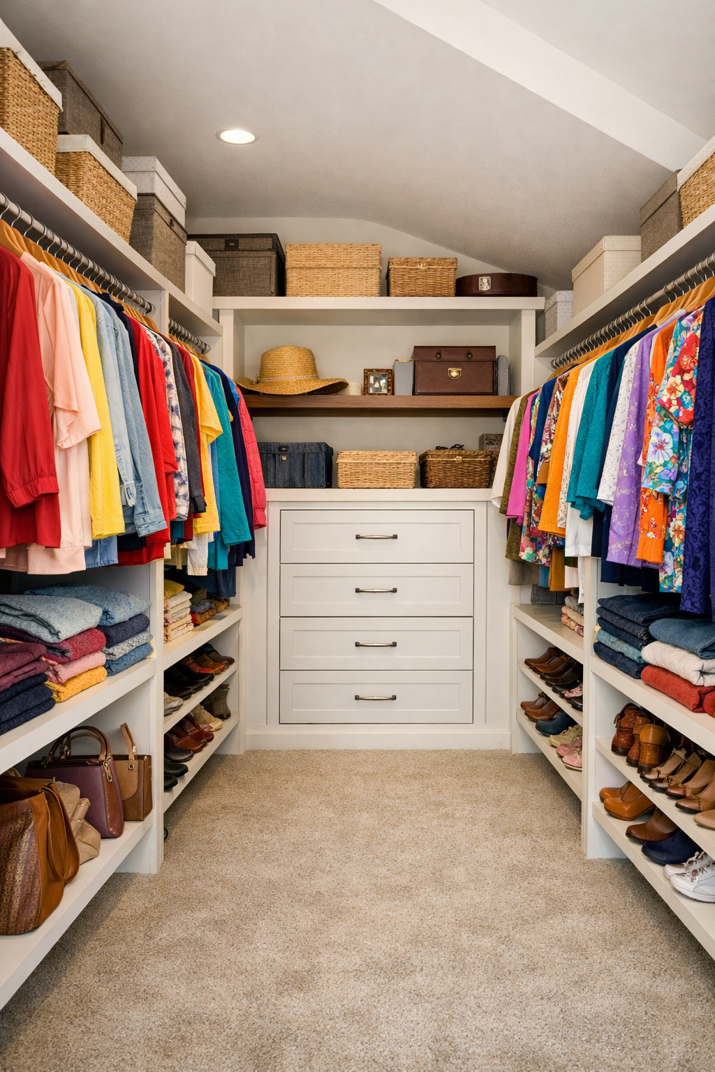 Closet with hanging colorful clothes and shelves of folded clothes and shoes, with storage baskets on the shelves and a chest of drawers in the center.